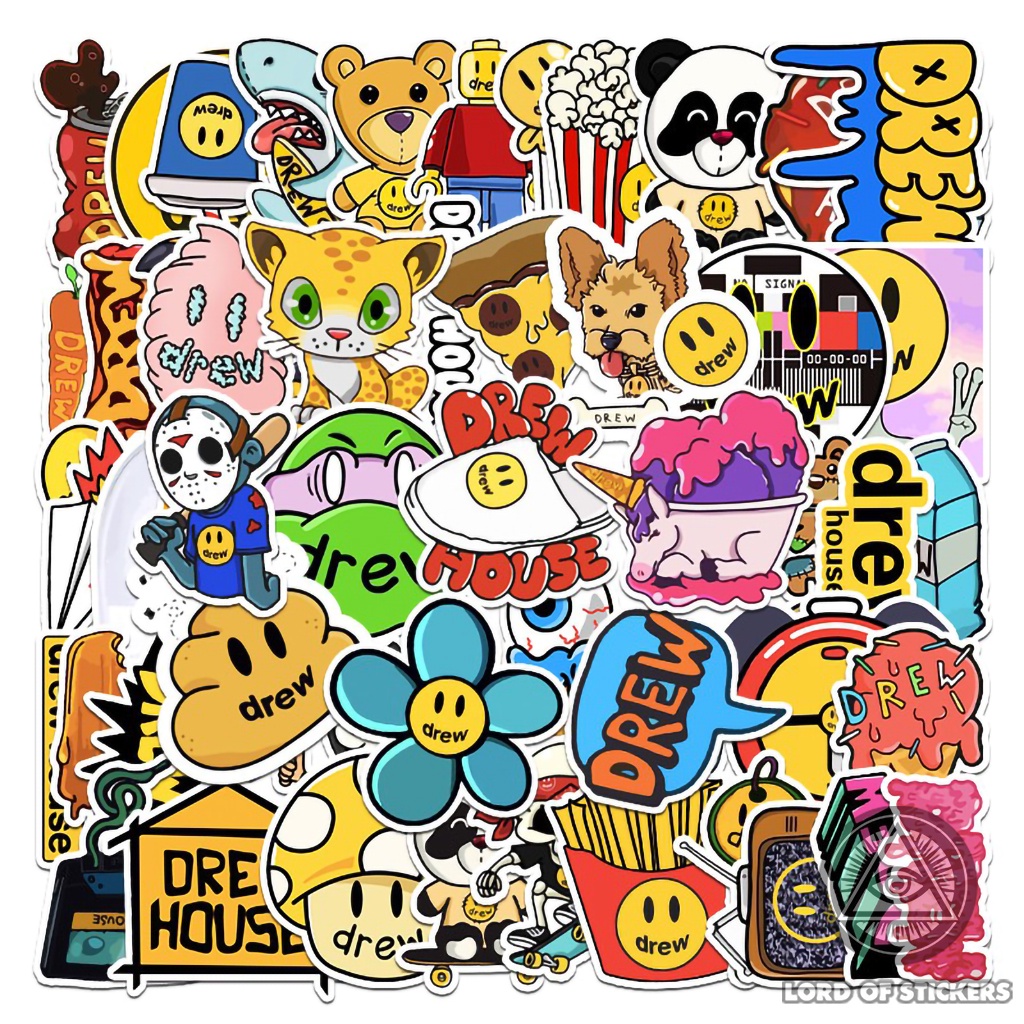 Set 54 Sticker DREW Cực Chất, Hình Dán Drew House Justin Bieber Chống Thấm Nước Trang Trí Mũ Nón Bảo Hiểm, Laptop, Vali