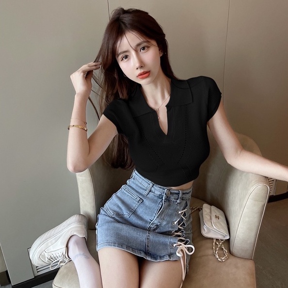 Áo thun polo dệt kim ZHELIHANGFEI ngắn tay lưng cao thời trang