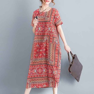 Đầm thun maxi xẻ tà in họa tiết hoa lá phong cách Boho