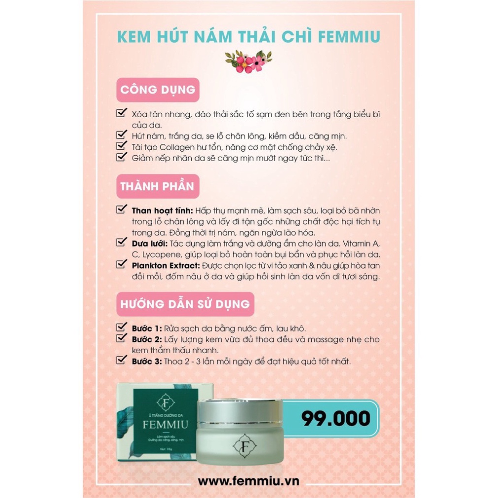 [CHÍNH HÃNG][MUA 2 TẶNG 1] Kem Ủ Trắng Thải Độc Chì Mờ Thâm Se Khít Lỗ Chân Lông Femmiu 30g Tặng Mặt Nạ | BigBuy360 - bigbuy360.vn
