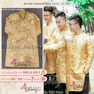 Áo dài gấm nam Chaang may sẵn áo màu vàng đồng kèm khăn xếp vải gấm đẹp