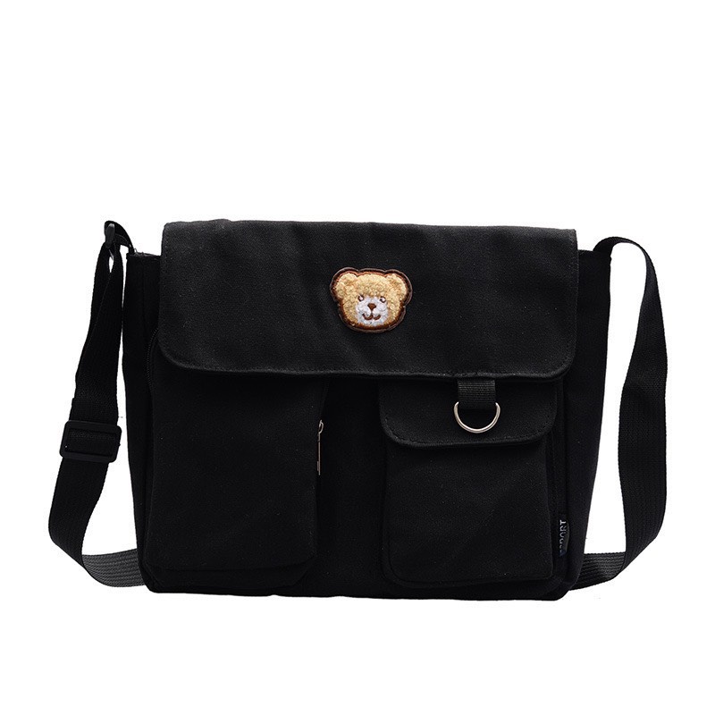 Túi đeo chéo HAZIN vải canvas thêu Gấu cao cấp đi học đi chơi đựng vừa khổ a4 phong cách unisex phù hợp cả nam và nữ