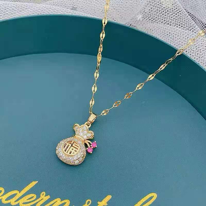 dây chuyền nữ 100% TITAN - KHÔNG GỈ - KHÔNG PHAI MÀU 18k vàng kim cương may mắn Trung Quốc &quot;Fu&quot; Túi tiền mặt vòng cổ