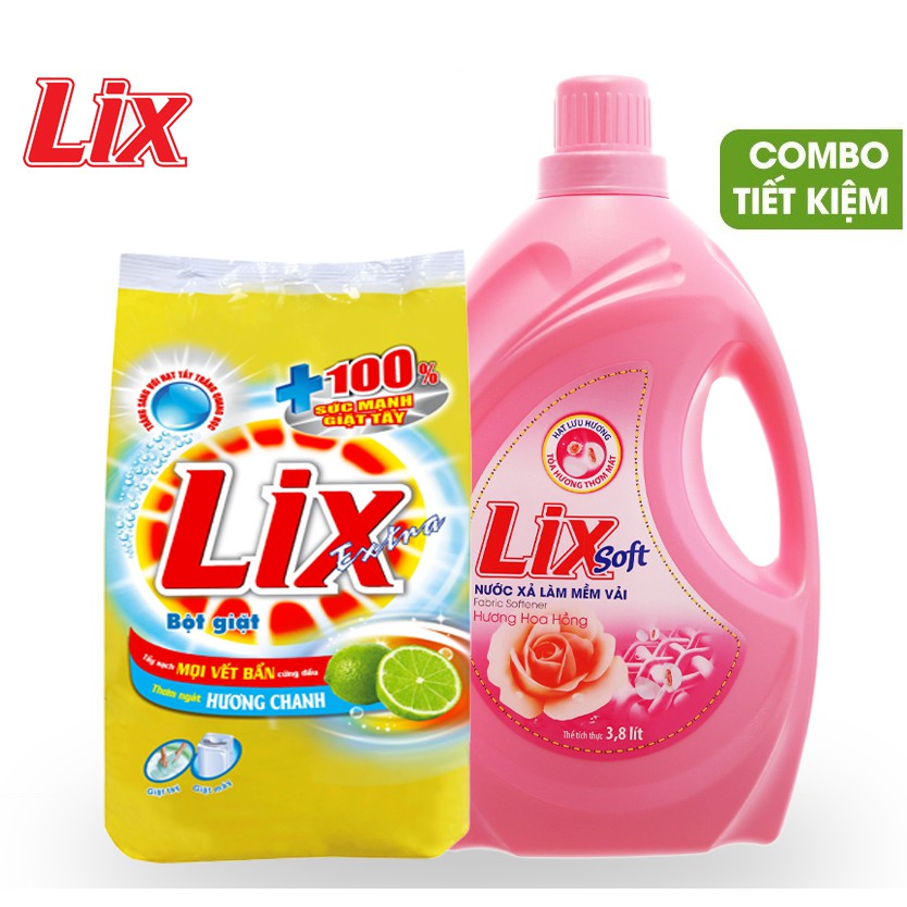 Combo Bột giặt Lix Extra hương chanh 2.4Kg + Nước xả vải Lix Soft hương hoa hồng 3.8 lít - EC025 + LSH01