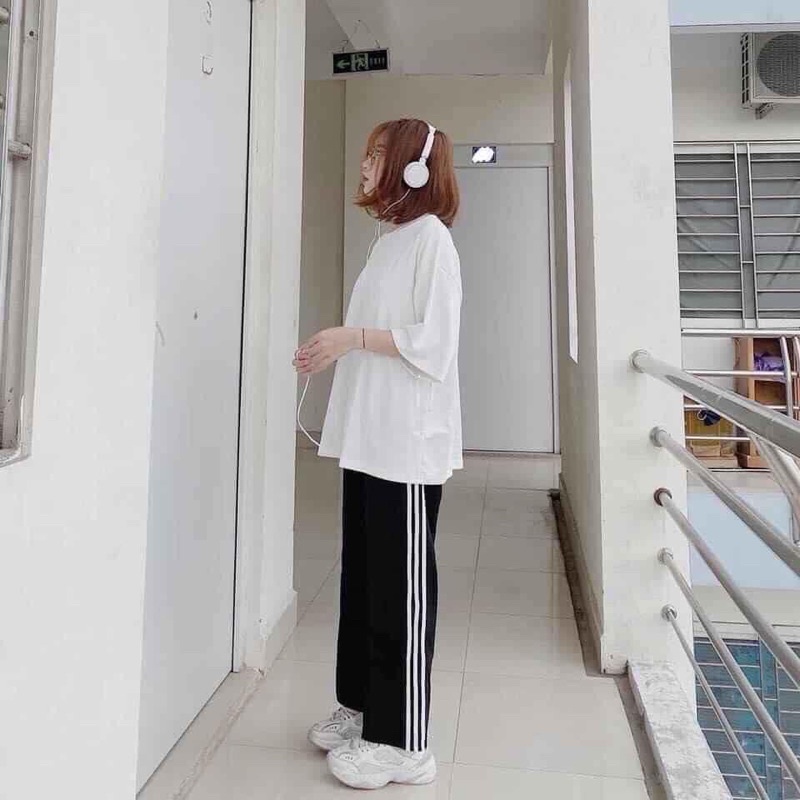 Quần Thể Thao 3 Sọc Nữ Ống Suông Rộng Dài Có Túi Vải Co Dãn Dáng Dài Màu Đen Dây Rút Học Sinh Đi Học Gym
