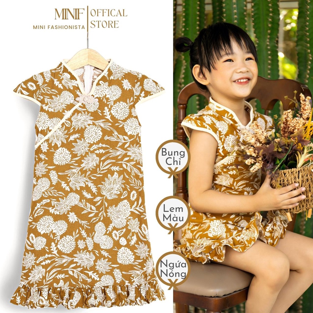 Sườn xám Tết cho bé gái MINIF, đầm sườn xám cho bé đi chơi chất đũi