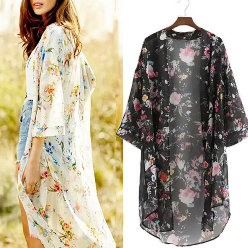 Áo khoác kimono vải voan dáng dài phong cách Bohemian thời trang cho nữ