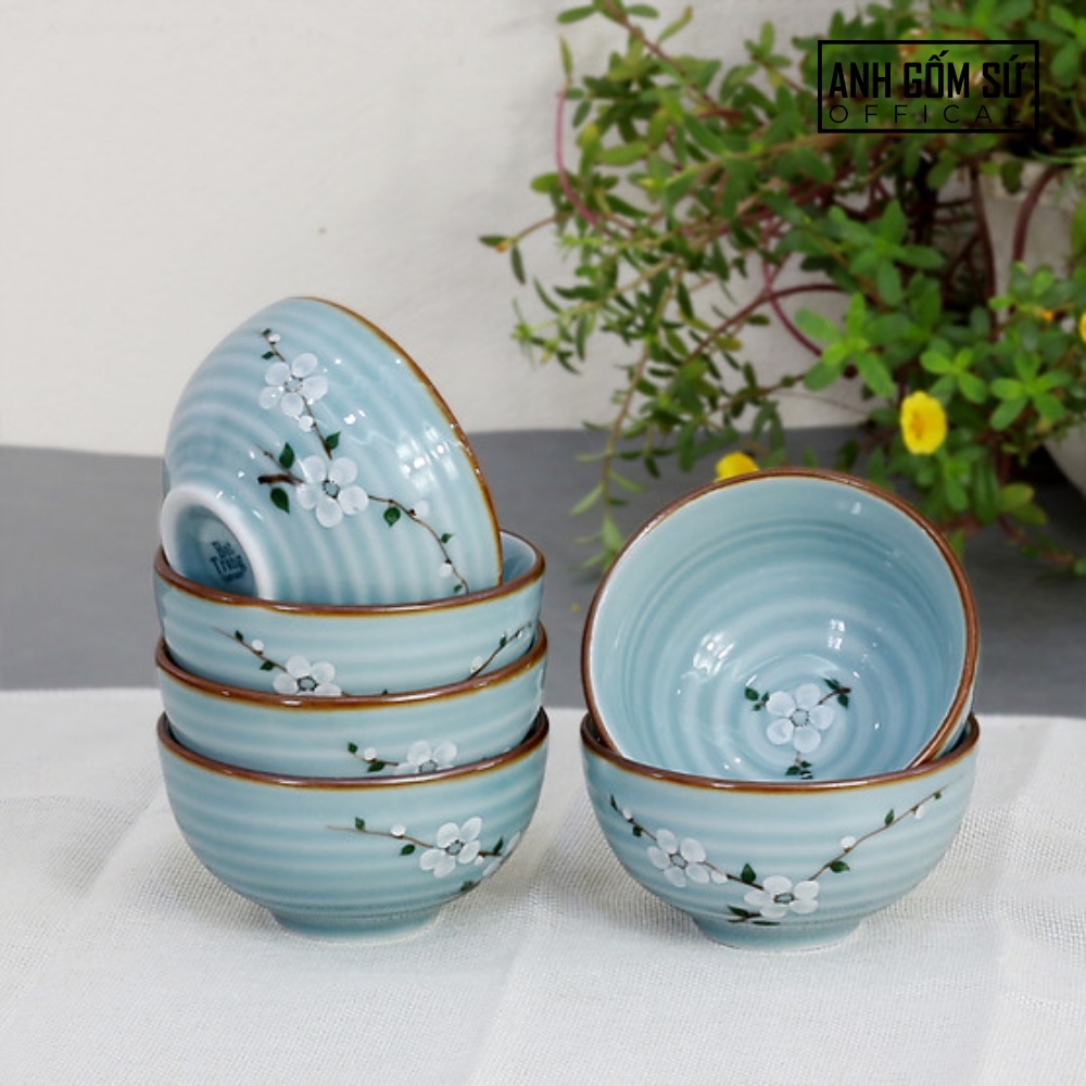 Tô canh sứ, bát tô sứ men lam ngọc vẽ hoa anh đào trắng - Hàng Bát Tràng