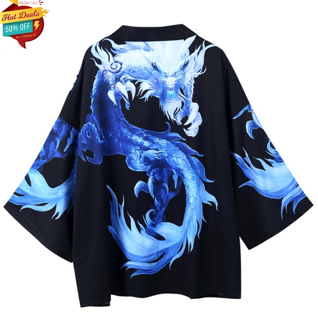 COD HOT Men Women Cardigan Robe Chinese Dragon Kimono Summer Loose 3/4 Sleeve Sun Protection Garments