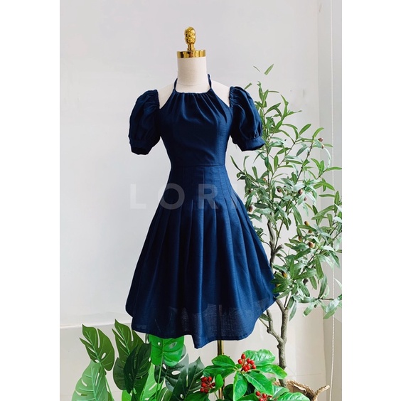 Đầm yếm xanh xếp ly tay ngắn