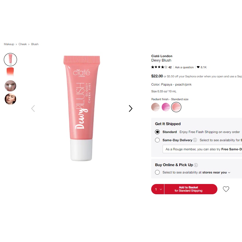 Má Hồng CIATE LONDON Dewy Blush Glossy Cheek Tint màu Papaya10ml 22$