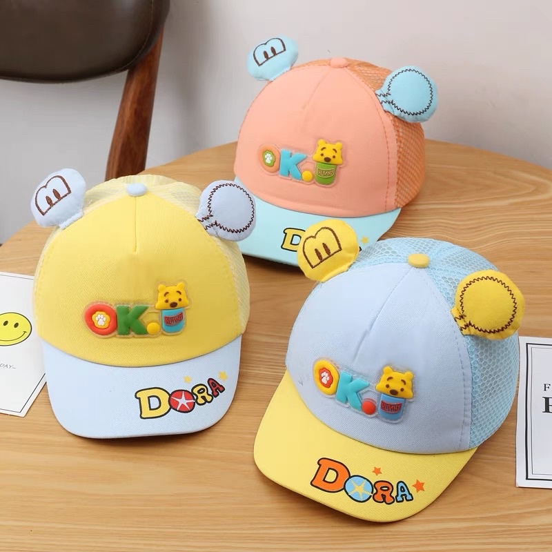 Mũ lưỡi trai cho bé trai bé gái thêu gấu dora tai nơ dễ thương , phù hợp 3 tháng - 2 tuổi