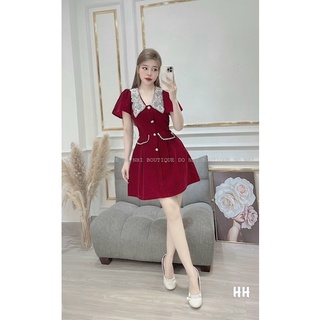 Váy nhung cổ sen 2 màu đen đỏ