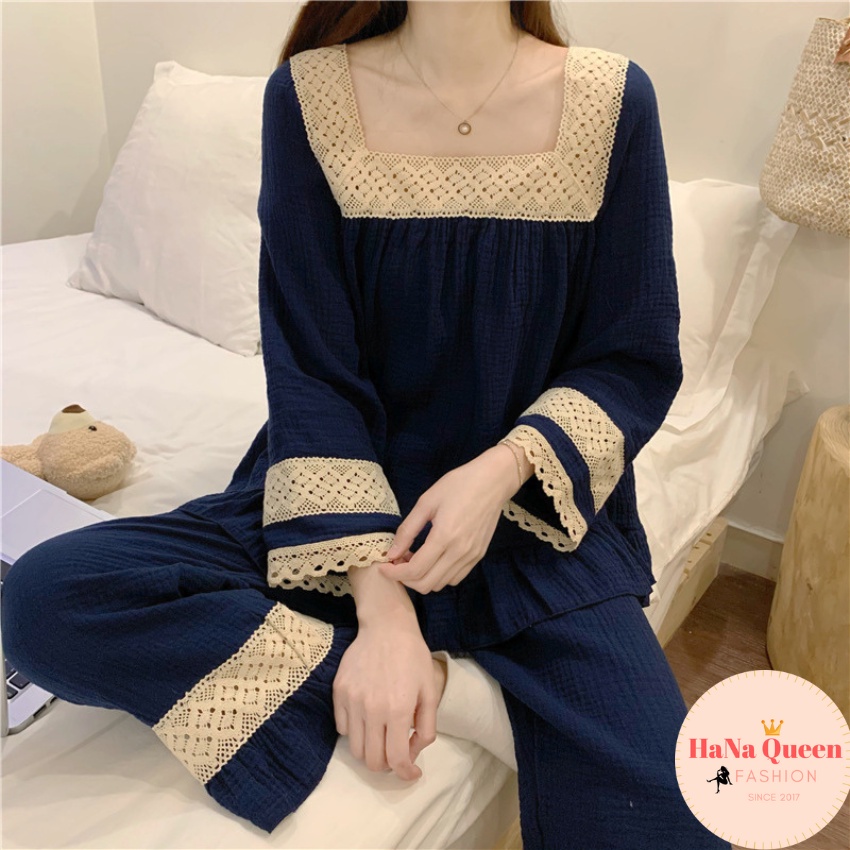 Bộ đồ mặc nhà dài tay phối ren chất muslin cao cấp phong cách tiểu thư cực xinh [Hàng Có Sẵn]
