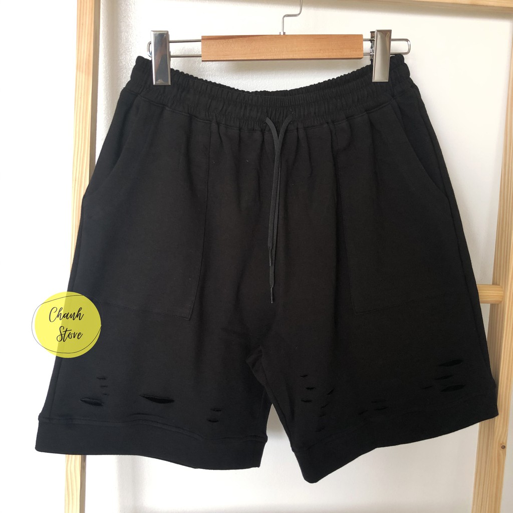 Quần Short Nam Streetwear Vải Nỉ Rách Gối  - Quần Đùi Nam Nữ Streetwear Vải Nỉ Co Giãn Tốt Thấm Hút Mồ Hôi