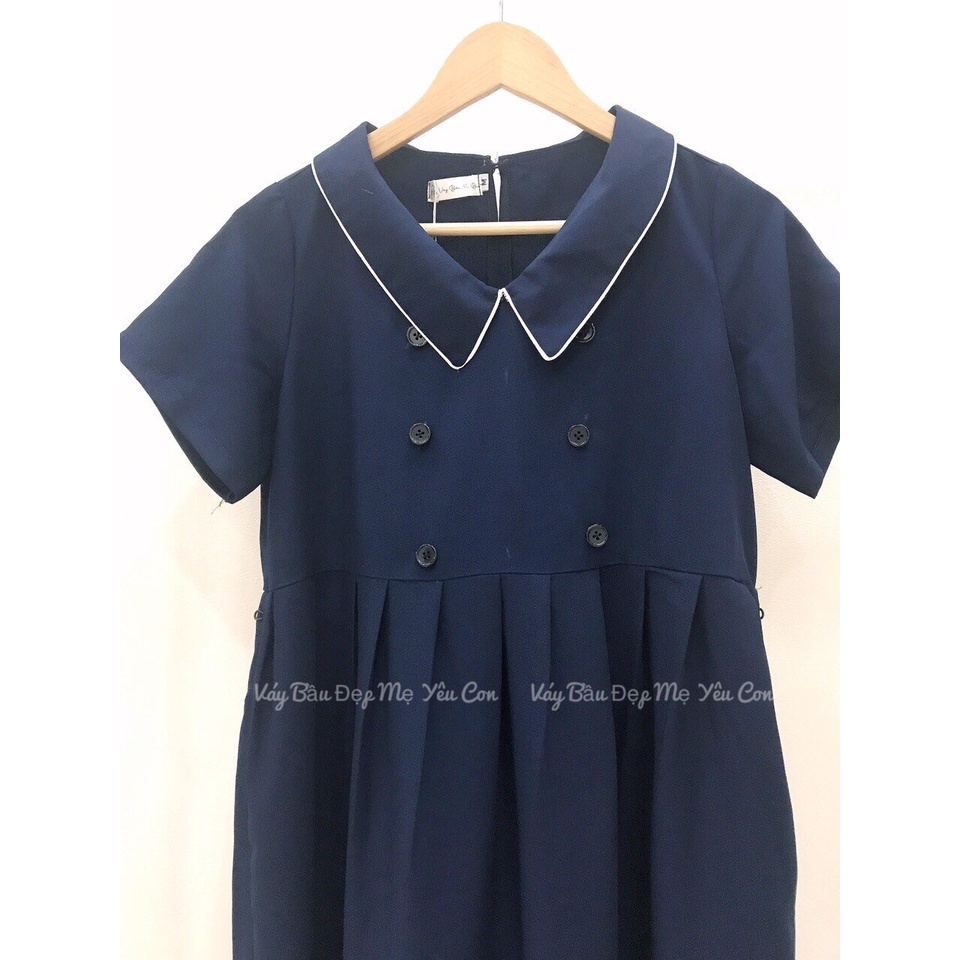 Váy bầu bigsize 40-100kg Đầm bầu công sở Váy bầu đẹp màu xanh dáng baby doll cúc ngực cổ sen nhọn MB236
