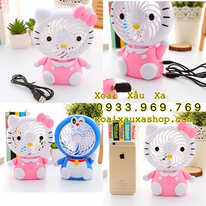Quạt sạc cầm tay hoạt hình mèo Hello kitty - Đoraemon tiện lợi (kèm dây sạc USB)