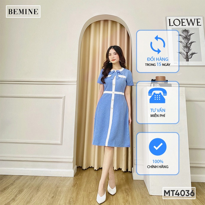 Đầm tay ngắn cổ nơ phối viền BEMINE MT4036XANH