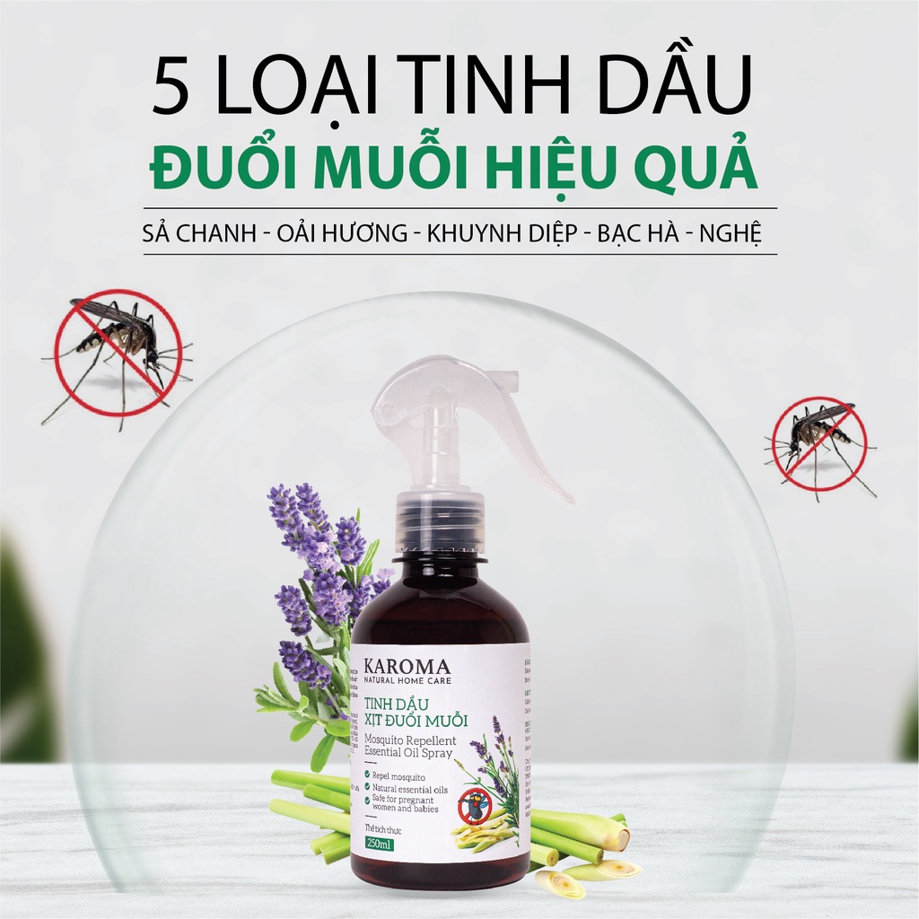 Bình Xịt Phòng Tinh Dầu Sả Chanh, Oải Hương, Bạc Hà Đuổi Muỗi, Côn Trùng, Kháng Khuẩn, Khử Mùi KAROMA 100ml (Chai)