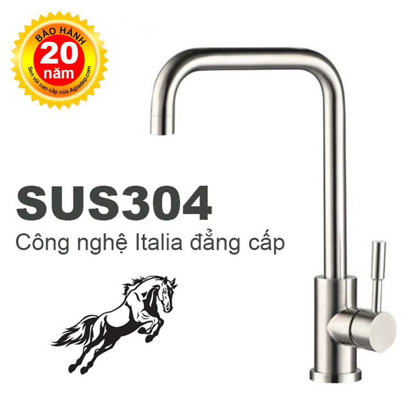 Vòi bếp nóng lạnh SUS304 nguyên chất (cổ vuông) Italia (Bảo hành 20 năm) (Kèm đôi dây cấp nước)