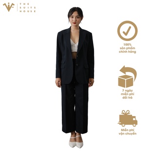 [Mã BMLT30 giảm đến 30K đơn 299K] Bộ vest nữ xanh đen đậm 2 khuy ống rộng, suits sartorial chất CASHMERE The Suits House