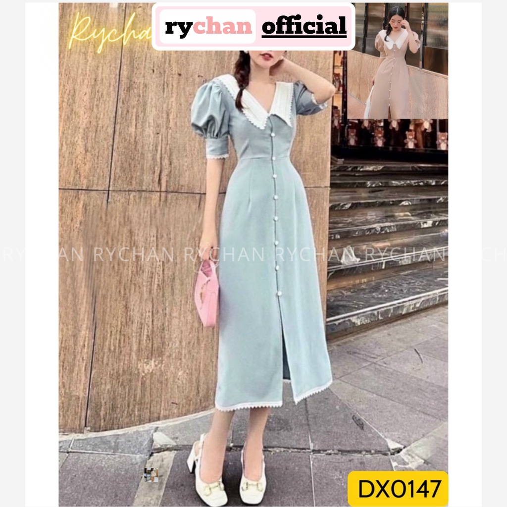 Đầm Xoè Midi Vintage Cổ Lá Tay Phồng, Đầm Công Sở Cổ Điển - DX0147
