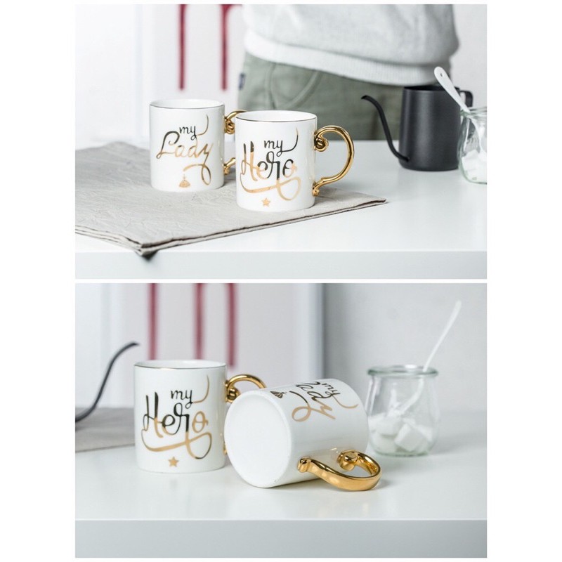 Ly cốc dành cặp đôi Chàng và Nàng Hero Lady mạ vàng tay cầm sang trọng