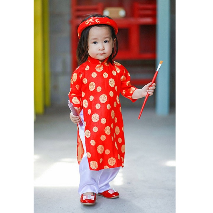 Áo dài Bé Gái Đỏ Xu Gấm Thái Tuấn (Áo + Quần + Mấn)