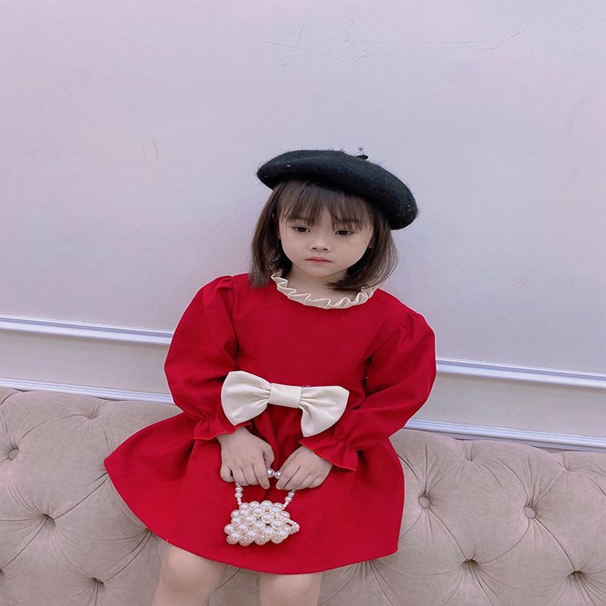 VÁY NHUNG CHO BÉ GÁI SIÊU DÀY DẶN MỀM MẠI PHỐI NƠ CỰC DỄ THƯƠNG CHO BÉ DIỆN TẾT SIZE 11-21KG [V27]