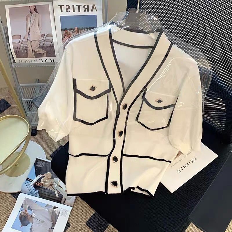 Áo kiểu Pure Cube ngắn tay cổ chữ V phối màu phong cách chÂu Âu thời trang mùa hè cho nữ