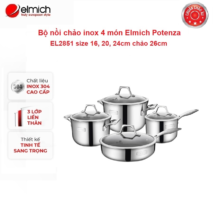 [Mã LIFECPMALL giảm 12% đơn 250K] Bộ nồi chảo inox Elmich Potenza EL2851