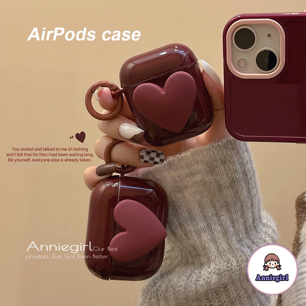 Vỏ Bảo Vệ Hộp Sạc Tai Nghe Airpods 1/2/3/pro Bluetooth Không Dây Chất Liệu Mềm Chống Thấm Nước Hình Trái Tim Màu Đỏ Rượu 3D
