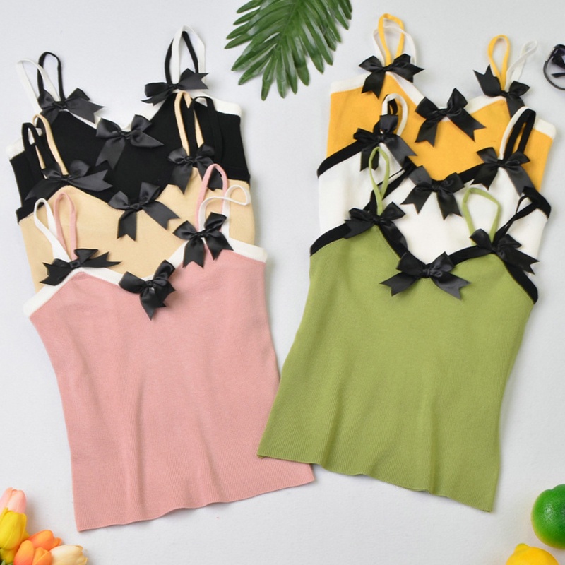 Áo Croptop Hai Dây Dệt Kim Đính Nơ Màu Sắc Tương Phản Thời Trang Mùa Hè Xinh Xắn Cho Nữ