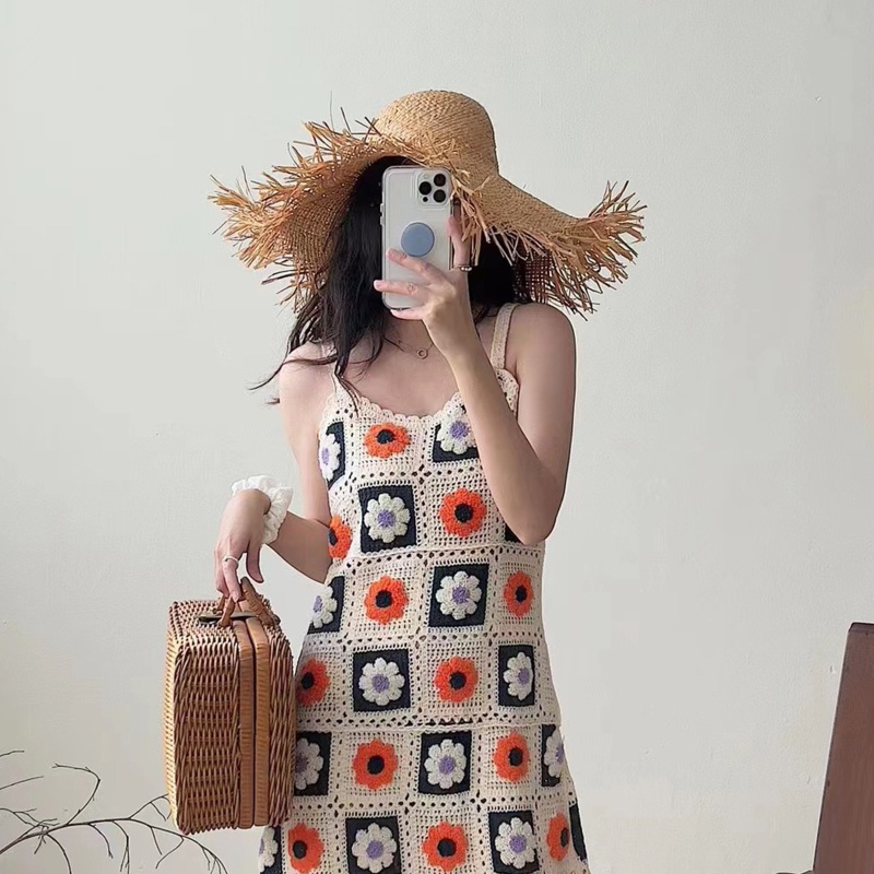 Đầm Chữ A Dệt Kim Không Tay Thêu Hoa Thời Trang Mùa Hè Cho Nữ