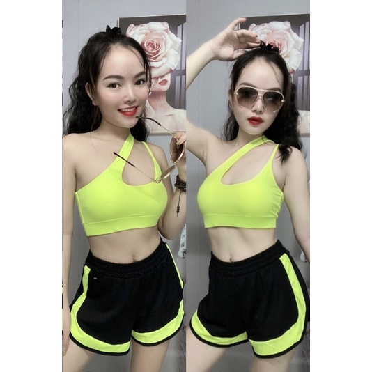 Set đùi lệch vai tập gym, yoga, aerobic, thể thao quần đùi 2 lớp, bra sẵn mút