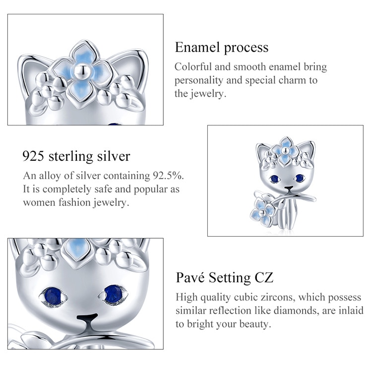 Hạt charm Bamoer BSC394 bạc 925 hình mèo và cành hoa dễ thương trang trí vòng tay