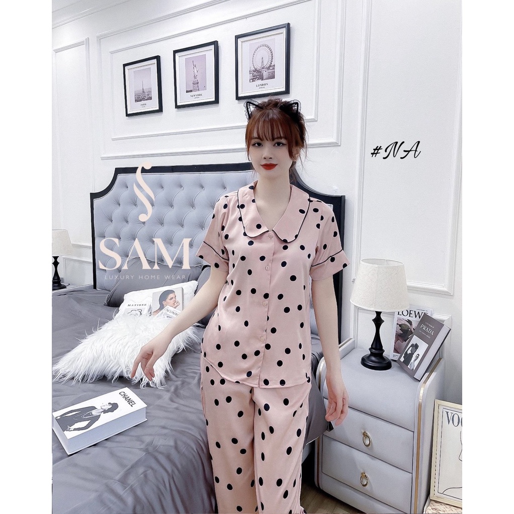 Bộ đồ Pijama mặc nhà SAM. Bộ mặc ngủ chất lụa cao cấp mềm mịn thoáng mát, họa tiết chấm bi dễ mặc cổ sen sang chảnh