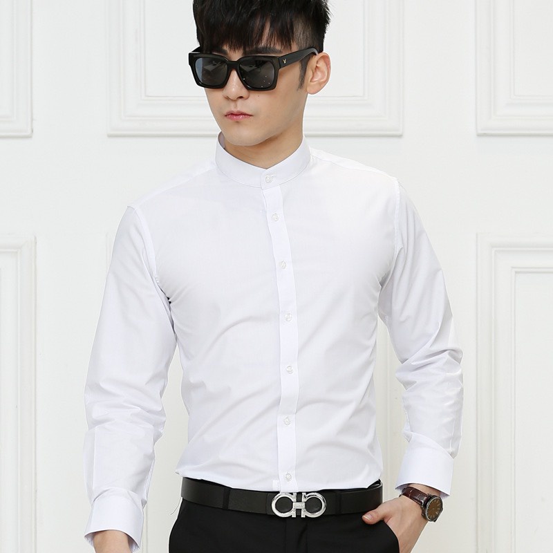 Áo sơ mi nam Cổ Tàu hai màu trắng đen trơn basic vải lụa, áo sơ mi nam công sở mặc văn phòng sự kiện lịch sự