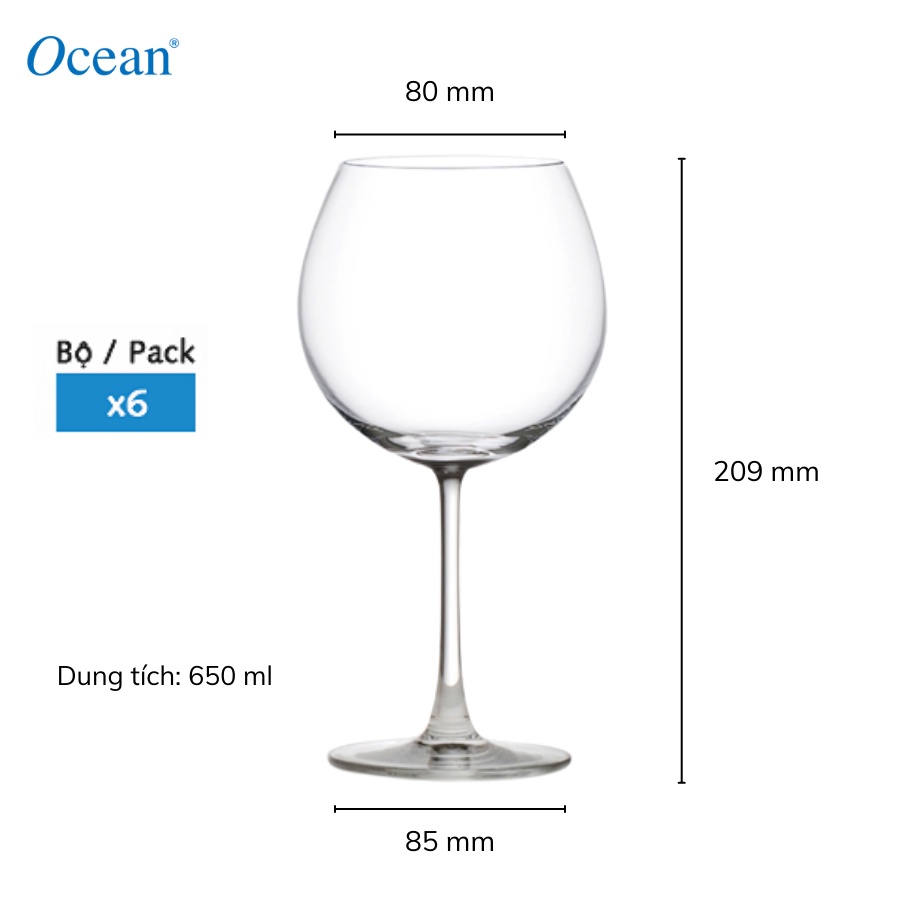 Bộ 6 Ly Rượu Thủy Tinh Ocean Madison Burgundy 650ml - Chính Hãng