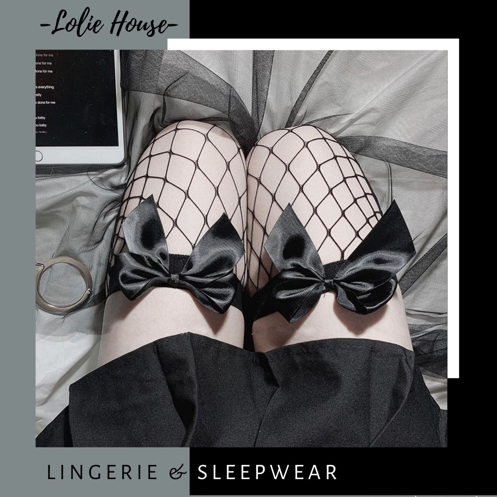 Tất đùi lưới nhỏ đính nơ sexy ❤️ Tất đùi lưới nhỏ trơn màu đính nơ cute QT2 - Lolie House