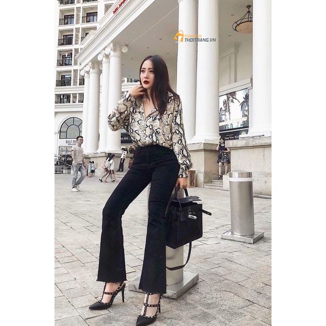 Quần ống loe nữ QUINCLOTHES cạp cao,Quần dài nữ chất thun cotton tôn dáng nâng mông
