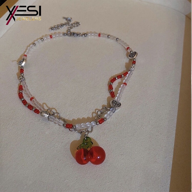 Vòng cổ Chuỗi Hạt Mặt Hình Trái Cherry Đỏ Thời Trang Cho Nữ