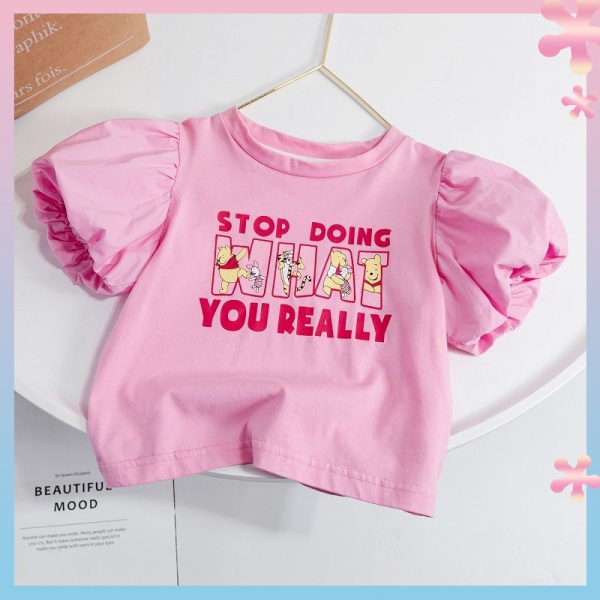 Áo Thun Tay Ngắn Phồng Bằng Vải Cotton Màu Trơn Dễ Thương Phong Cách Hàn Quốc Dành Cho Bé Gái