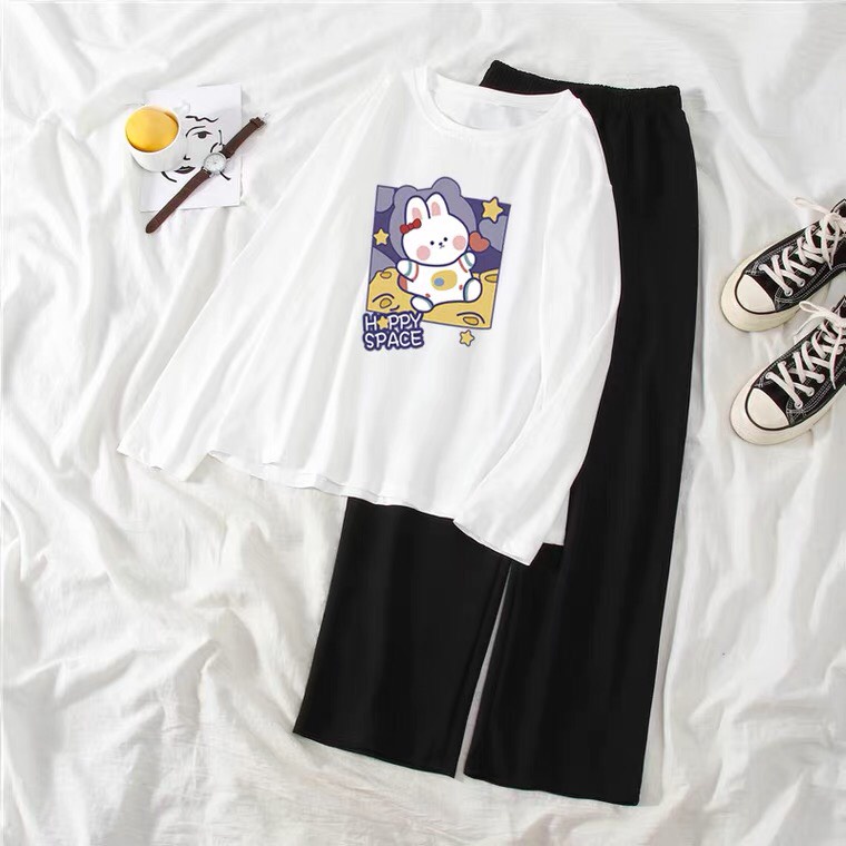 Sét Áo Thỏ Happy +quần suông, Áo thun tay dài from rộng, Chất đẹp không xù, quần suông ống rộng, Sét bộ mặc ở nhà - MODY