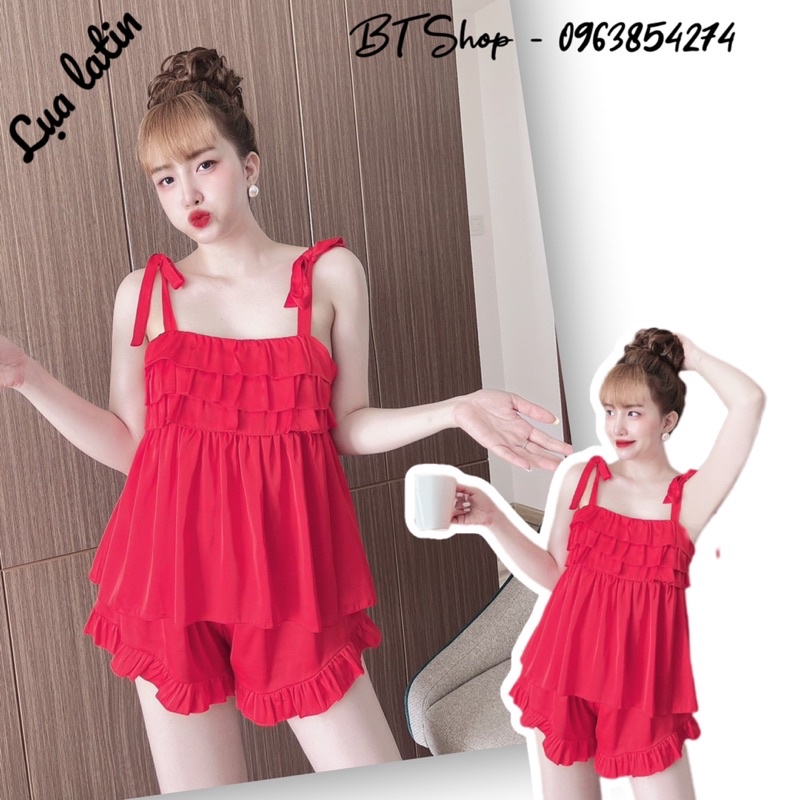 Đồ ngủ mặc nhà lụa cột nơ màu trơn freesize 42-57kg