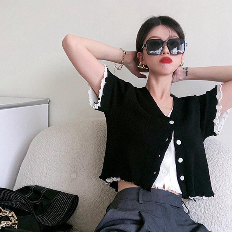 Áo kiểu ZHELIHANGFEI ngắn tay giả hai lớp cổ chữ V ôm dáng thời trang mùa hè dành cho nữ