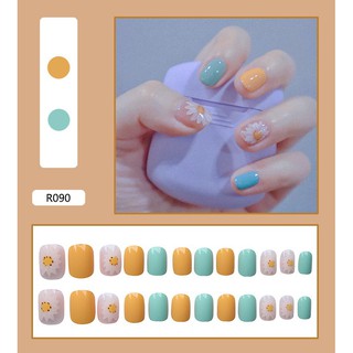 Set 24 móng tay giả họa tiết 3D cao cấp kèm keo dán họa tiết hoa cúc 090