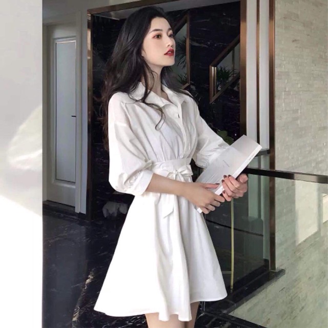 Váy sơ mi trắng nơ eo
