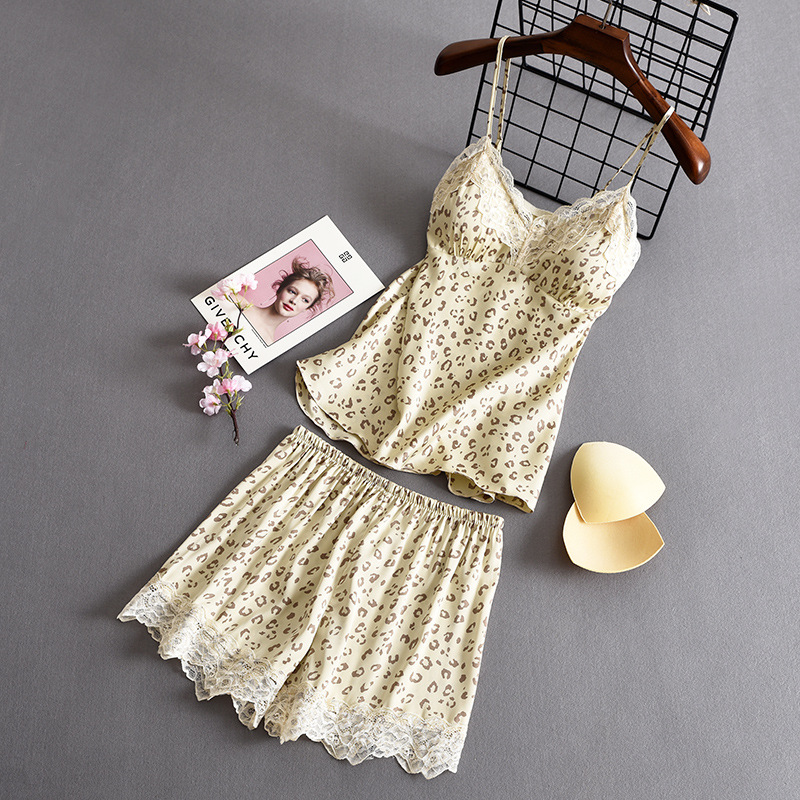 Leopard Print Women Pajamas With Chest Pad Sexy Sleepwear