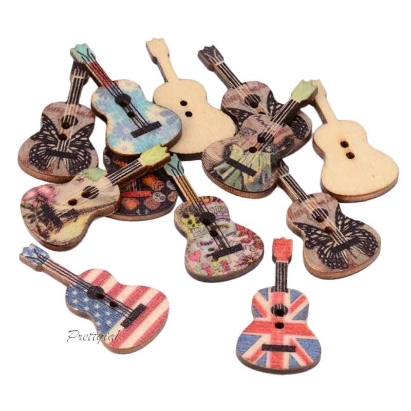 [PRETTYIA1]100pcs Guitar Shape Wooden Sewing Buttons Scrapbooking Embellishments 2-Hole